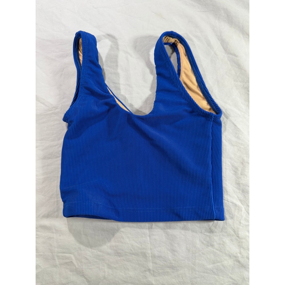 Womens Royal Blue Ribbed V-Neck Crop Tank Top Lined Sleeveless Small D-454 - Picture 2 of 6